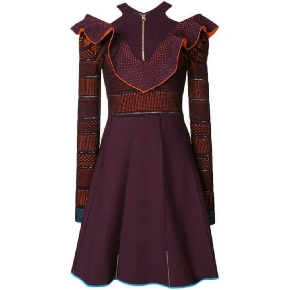 Versace Pre Fall 2017 Ruffle Knit Skater Dress Burgundy Orange Blue Sz 38 A77255